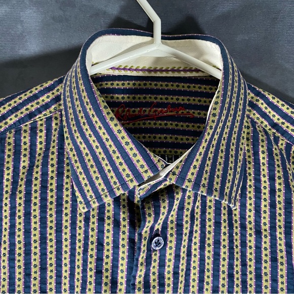 Robert Graham Shirt Mens Small Blue White Striped Tailored Fit Floral Flip Cuff - Picture 1 of 11